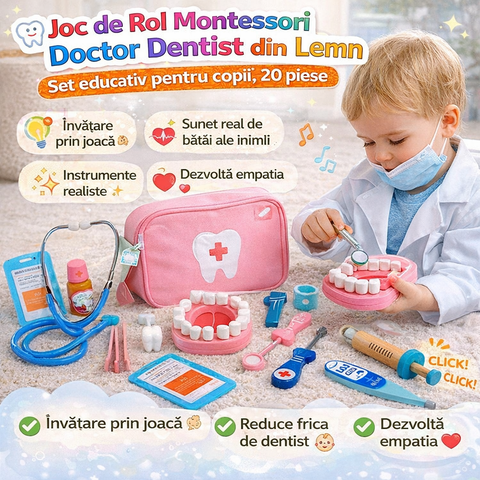 Set Doctor Dentist din lemn – Joc de rol educativ pentru copii, 20 buc