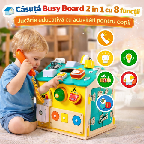 Căsuță Busy Board cu 8 funcții – Joc educativ interactiv pentru copii