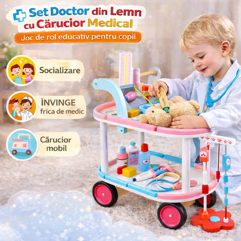 Cărucior Medical cu Set Doctor din Lemn – Jucărie educativă pentru copii