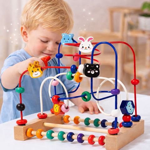 Labirint motric din lemn cu animale și abac – Joc educativ pentru copii