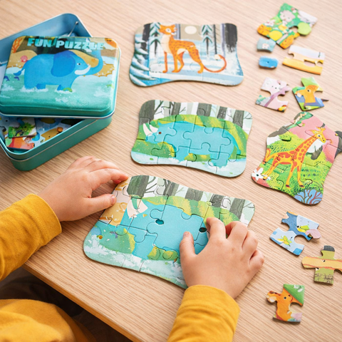 Puzzle Animale din Savana – Set 5 Puzzle-uri cu Piese Mari, în Cutie Metalică