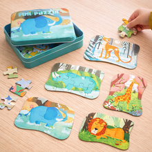 Puzzle Animale din Savana – Set 5 Puzzle-uri cu Piese Mari, în Cutie Metalică