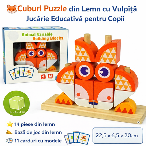 Set Cuburi Puzzle Lemn cu Vulpe – Joacă Inteligentă pentru Cei Mici
