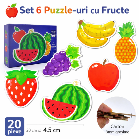 Set 6 Puzzle-uri cu Fructe – Piese Mari din Carton Gros, Joc Educativ pentru Copi