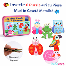 Set 6 Puzzle-uri cu Insecte – Piese Mari, în Cutie Metalică, Joc Educativ pentru Copii