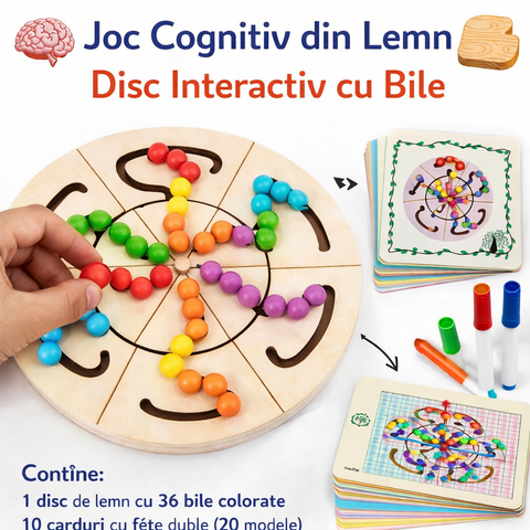Joc Cognitiv din Lemn – Disc Interactiv cu Bile, Jucărie Educativă pentru Copii
