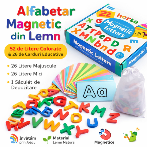 Alfabetar din Lemn cu Litere Magnetice – Set Educativ 52 Piese