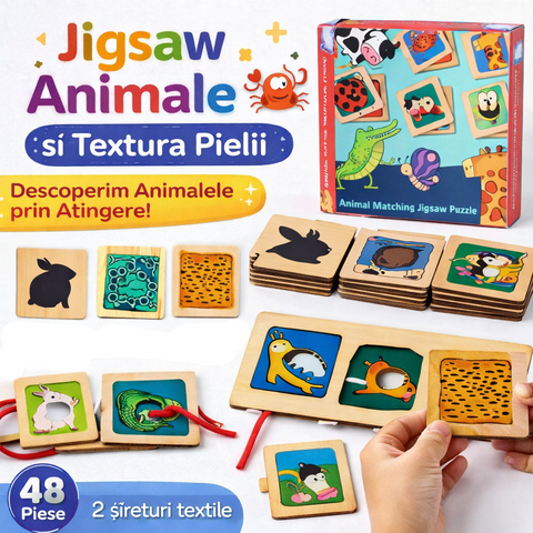 Puzzle Senzorial cu Animale – Jigsaw cu Textura Pielii pentru Copii