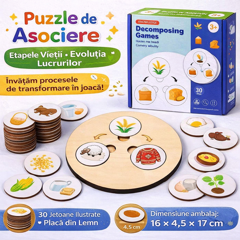 Puzzle de Asociere Etapele Vieții – Evoluția Lucrurilor, Joc Educativ din Lemn
