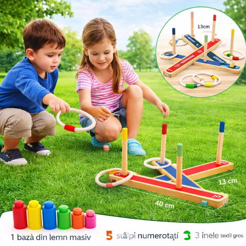 Joc din Lemn de Aruncat Cercuri – Educativ de Îndemânare și Coordonare