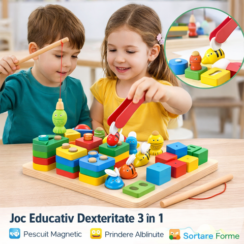 Joc 3 în 1 Pescuit Magnetic, Albinute și Sortare Forme - Set Educativ de Dexteritate