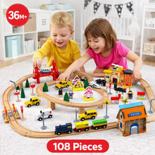 Circuit trenuleț din lemn 108 piese – Joc educativ de construcție pentru copii