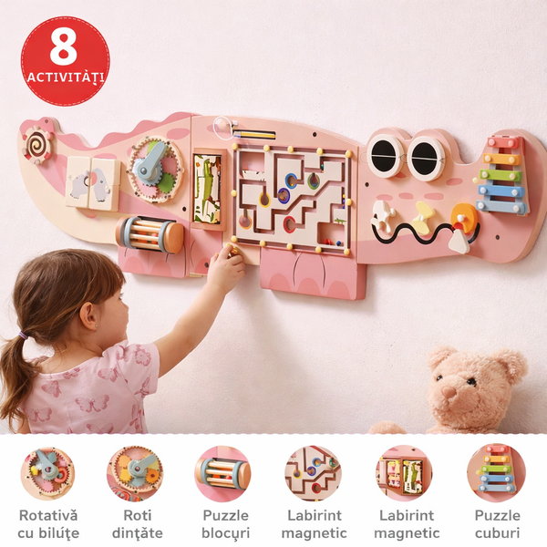 Busy Board Educativ din Lemn, Model Crocodil – Placă de Perete cu 8 Activități pentru Copii