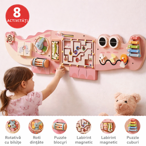 Busy Board Educativ din Lemn, Model Crocodil – Placă de Perete cu 8 Activități pentru Copii