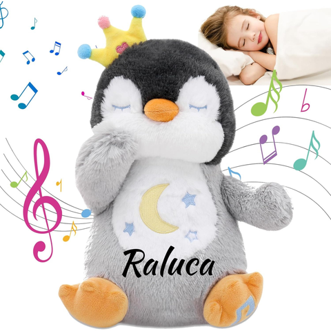 Jucarie Pinguin Personalizat, cu 4 functii, Efect de Respiratie si Lumini, 35cm.