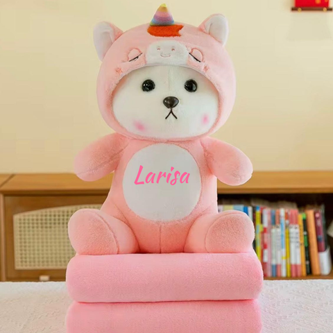 Jucarie de Plus Personalizata, Ursulet Imbracat set cu Paturica Pufoasa, 55x30cm.