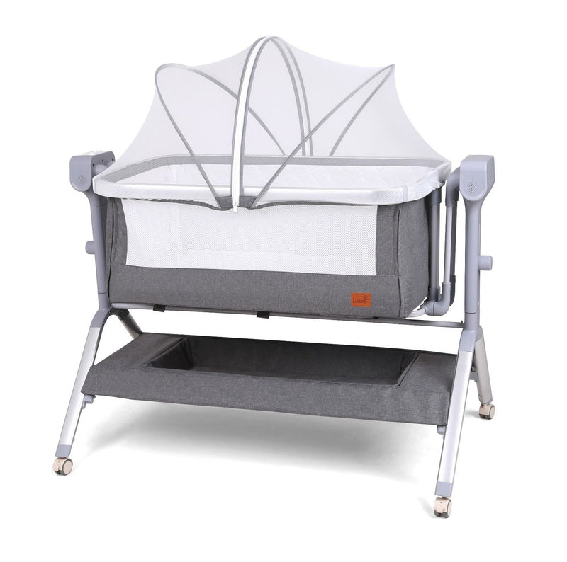 Pătuț inteligent pentru copii, A6 gri cu legănare automată și reglare pe înălțime