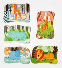 Puzzle Animale din Savana – Set 5 Puzzle-uri cu Piese Mari, în Cutie Metalică