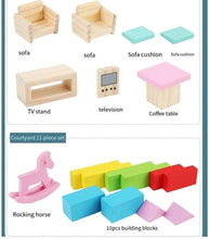 Căsuță de păpuși din lemn, 30 piese – accesorii complete + căluț inclus