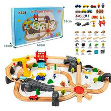 Circuit din Lemn KABI cu Trenuleț, Vehicule și Figurine – Set Educativ 80 Piese