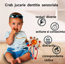 Jucărie de Dentiție Senzorială pentru Bebeluși – Crab Colorat din Silicon
