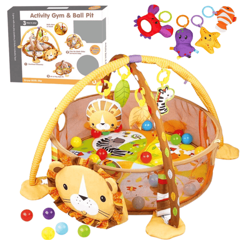 Centru de activități 3 în 1 pentru bebeluși și copii, cu 4 jucării interactive și 30 bile multicolore