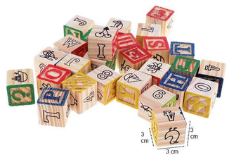 Set 27 Litere si Cifre, Cuburi din Lemn în Cutie – Joc Educativ de Construcție