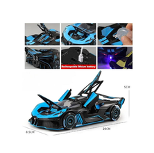 Mașinuță Metalică Bugatti Bolide 1:24 – Uși Deschizabile, Lumini LED, Funcție Spray