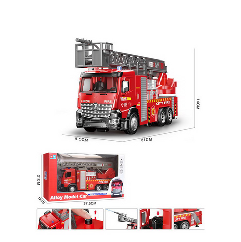 Camion de Pompieri Metalic cu Sirenă și Lumini – Pompă de Apă Funcțională, Scară Rotativă